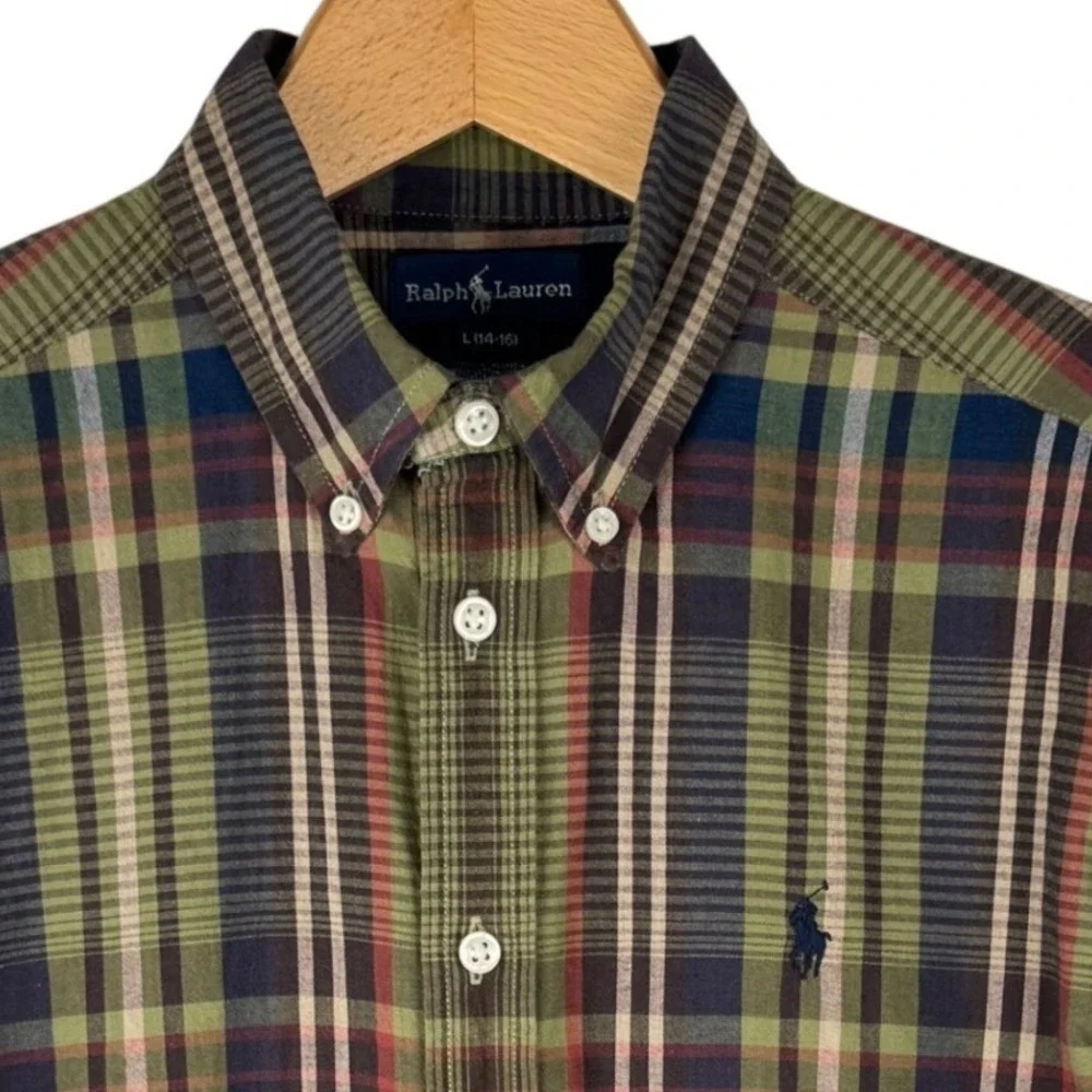 Ralph Lauren Boys Plaid Button Down Shirt Green Navy Red L‎ 14-16 Cotton NEW